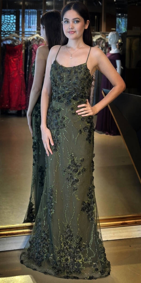 Olive İp Askılı Çiçek Detaylı Sırt Dekolteli Düz Kesim Tül Uzun Abiye Elbise 11060 - 1