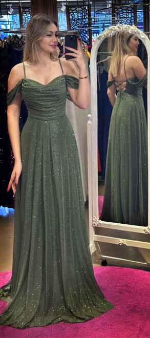 Olive İp Askılı Sırt Dekolteli Kloş Etekli Simli Kumaş Uzun Abiye Elbise 7365 