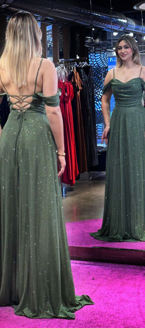 Olive İp Askılı Sırt Dekolteli Kloş Etekli Simli Kumaş Uzun Abiye Elbise 7365 - 5