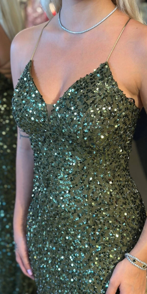 Olive İp Askılı V Yaka Sırt Dekolteli Balık Etekli Pul Payet Uzun Abiye Elbise 7714 - 4