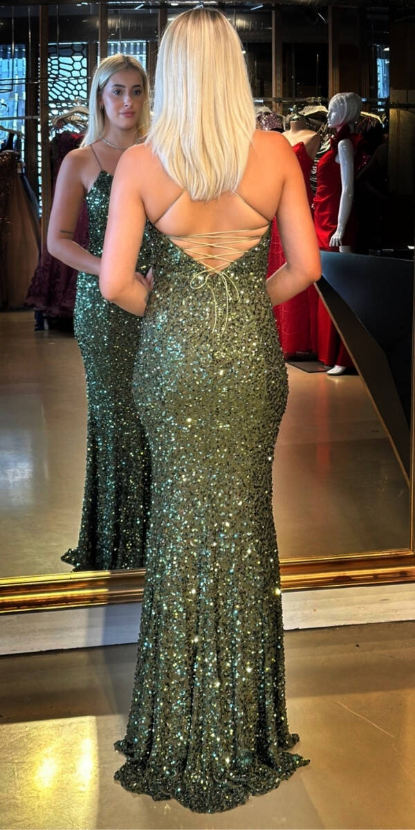 Olive İp Askılı V Yaka Sırt Dekolteli Balık Etekli Pul Payet Uzun Abiye Elbise 7714 - 5