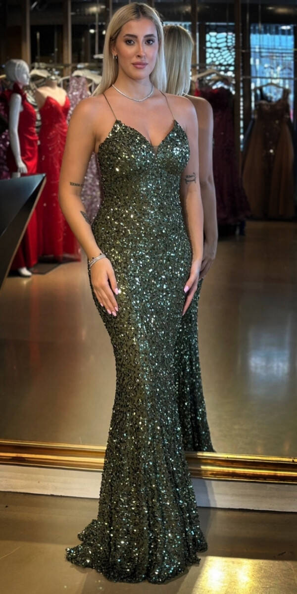 Olive İp Askılı V Yaka Sırt Dekolteli Balık Etekli Pul Payet Uzun Abiye Elbise 7714 - 1