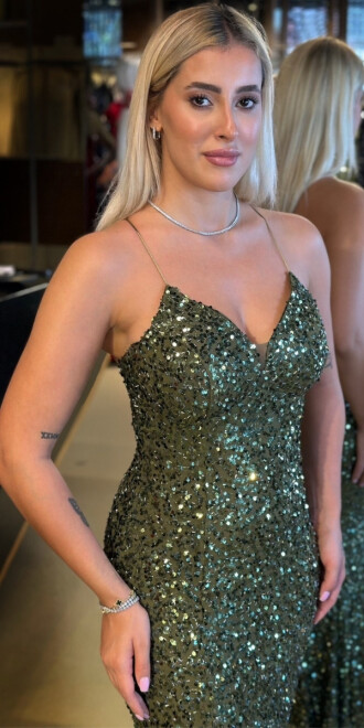 Olive İp Askılı V Yaka Sırt Dekolteli Balık Etekli Pul Payet Uzun Abiye Elbise 7714 - 3