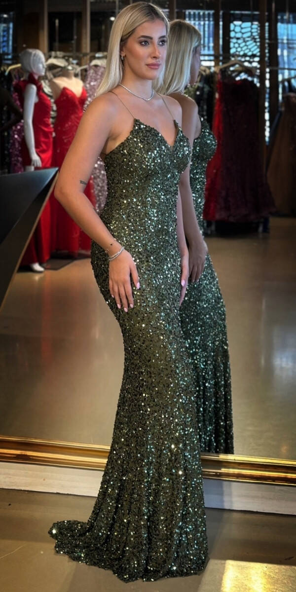 Olive İp Askılı V Yaka Sırt Dekolteli Balık Etekli Pul Payet Uzun Abiye Elbise 7714 - 2