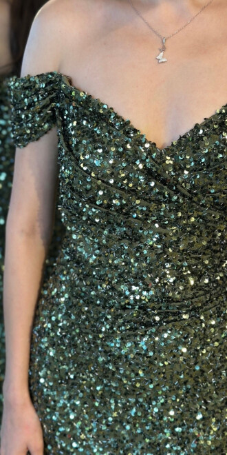 Olive Madonna Yaka Düz Kesim Payet Uzun Abiye Elbise 11085 - 4