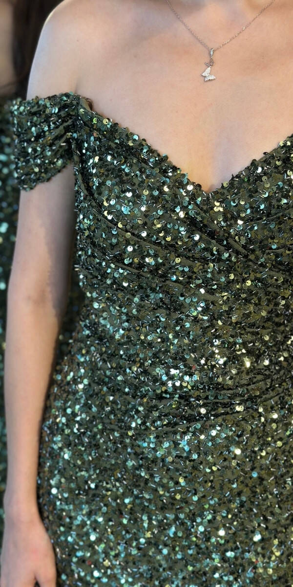 Olive Madonna Yaka Düz Kesim Payet Uzun Abiye Elbise 11085 - 4