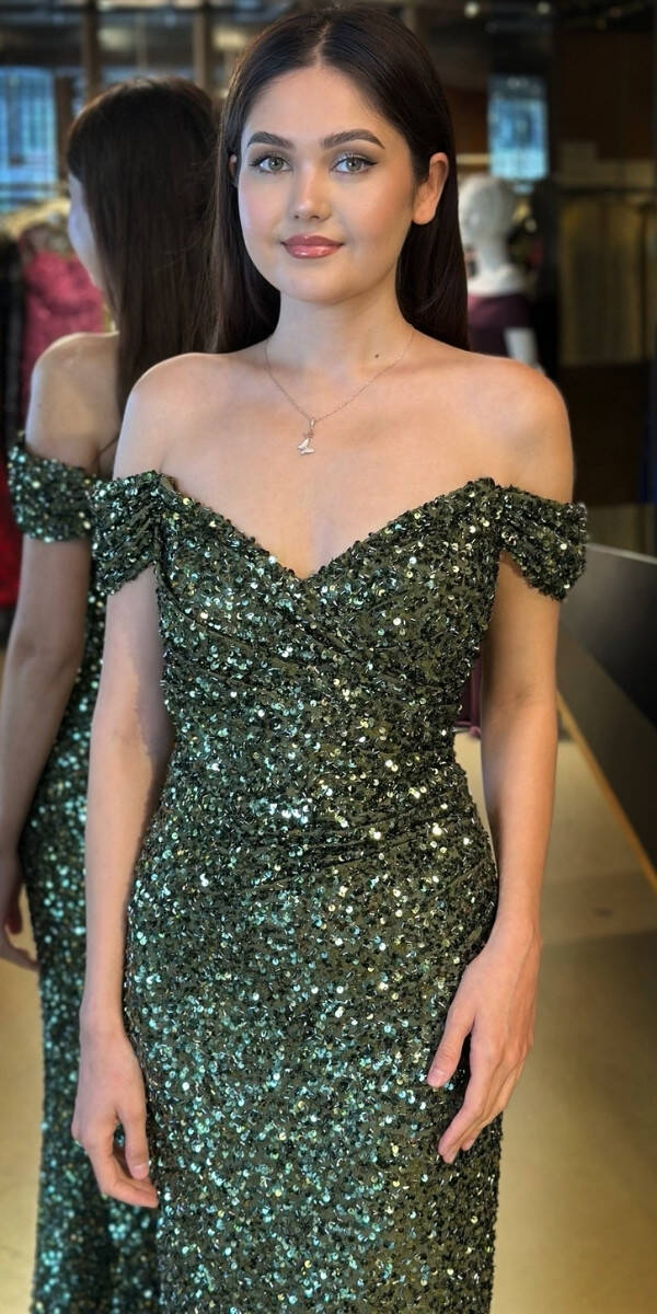 Olive Madonna Yaka Düz Kesim Payet Uzun Abiye Elbise 11085 - 3