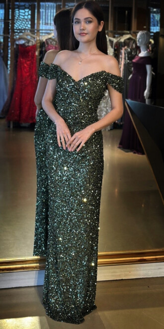 Olive Madonna Yaka Düz Kesim Payet Uzun Abiye Elbise 11085 - 1