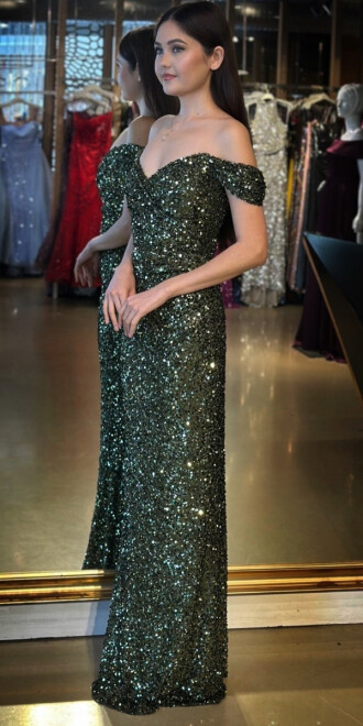 Olive Madonna Yaka Düz Kesim Payet Uzun Abiye Elbise 11085 - 2