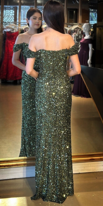 Olive Madonna Yaka Düz Kesim Payet Uzun Abiye Elbise 11085 - 5