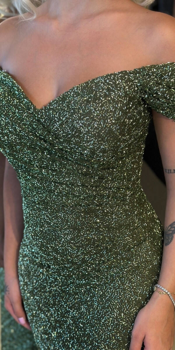 Olive Madonna Yaka Düz Kesim Pullu Boncuklu Uzun Abiye Elbise 11023 - 4