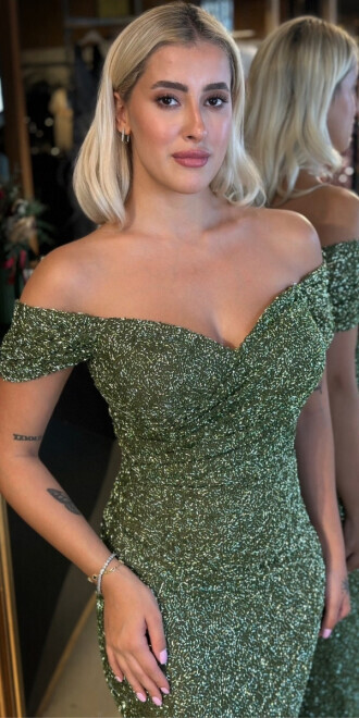 Olive Madonna Yaka Düz Kesim Pullu Boncuklu Uzun Abiye Elbise 11023 - 3