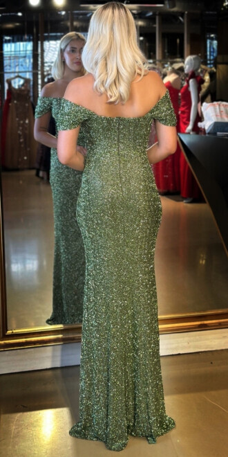 Olive Madonna Yaka Düz Kesim Pullu Boncuklu Uzun Abiye Elbise 11023 - 5