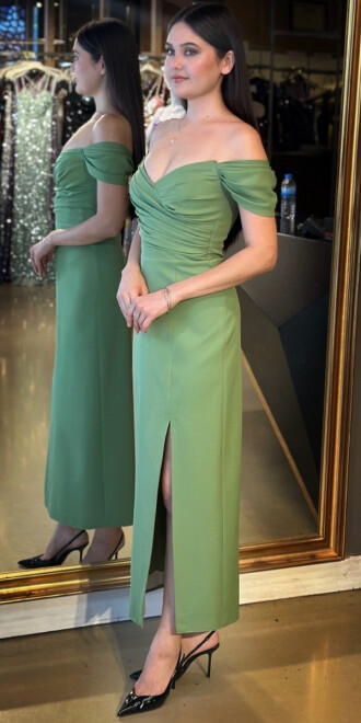 Olive Madonna Yaka Yırtmaçlı Düz Kesim Krep Midi Abiye Elbise 7696 - 2