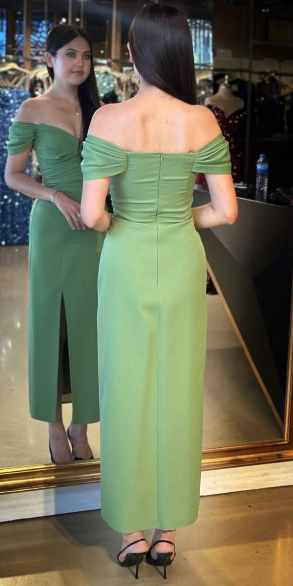 Olive Madonna Yaka Yırtmaçlı Düz Kesim Krep Midi Abiye Elbise 7696 - 5