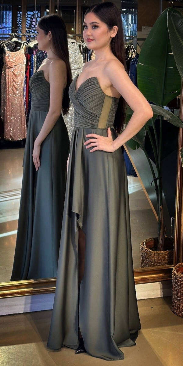 Olive Straplez Yaka Anvelop Yırtmaçlı Kloş Etekli Saten Uzun Abiye Elbise 11095-10 - 2