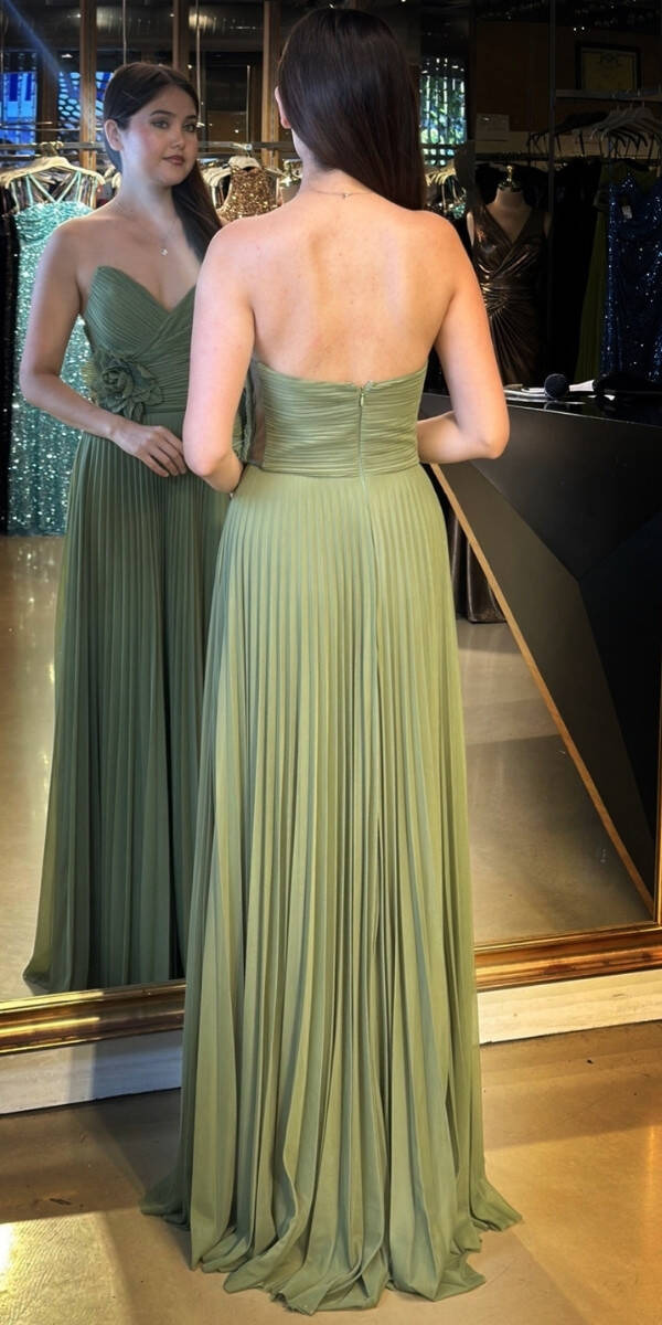 Olive Straplez Yaka Çiçek Detaylı Kloş Etekli Tül Uzun Abiye Elbise 11003 - 5