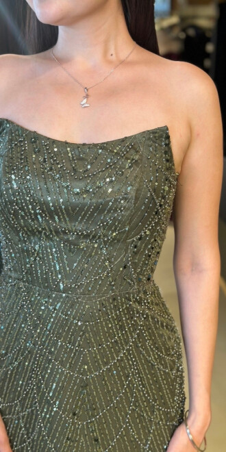 Olive Straplez Yaka Sırt Dekolteli Düz Kesim Pullu Boncuklu Uzun Abiye Elbise 7778 - 4