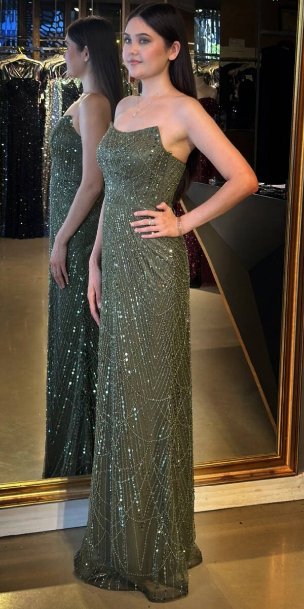 Olive Straplez Yaka Sırt Dekolteli Düz Kesim Pullu Boncuklu Uzun Abiye Elbise 7778 - 2