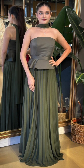 Olive Straplez Yaka Sırt Dekolteli Kloş Etekli Şifon Uzun Abiye Elbise 11140-05 