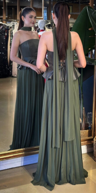 Olive Straplez Yaka Sırt Dekolteli Kloş Etekli Şifon Uzun Abiye Elbise 11140-05 - 5