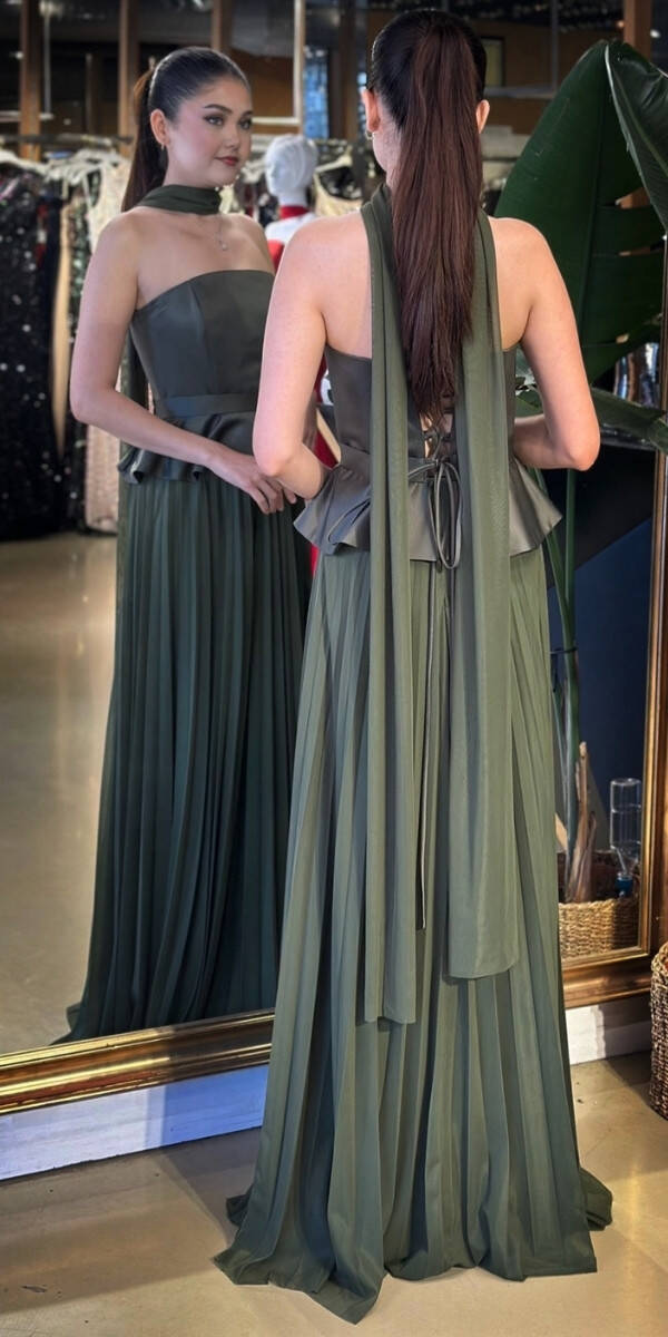 Olive Straplez Yaka Sırt Dekolteli Kloş Etekli Şifon Uzun Abiye Elbise 11140-05 - 5