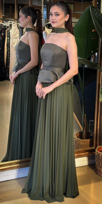 Olive Straplez Yaka Sırt Dekolteli Kloş Etekli Şifon Uzun Abiye Elbise 11140-05 - 2