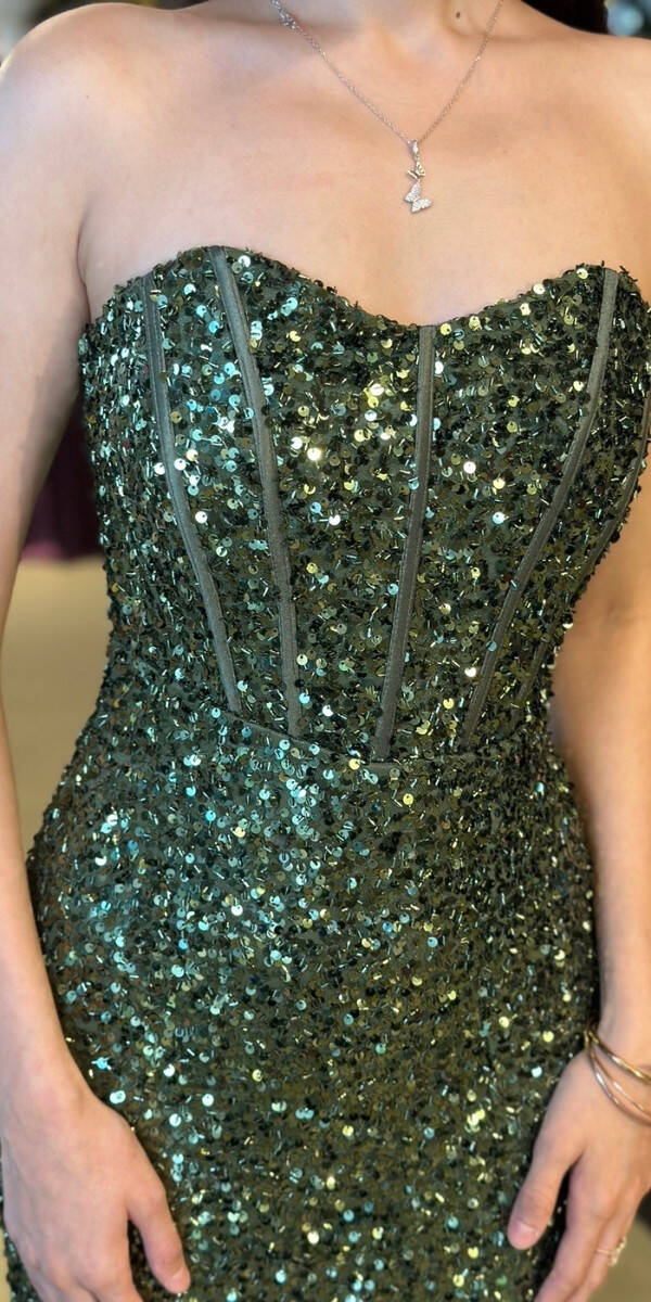 Olive Straplez Yaka Sırt Dekolteli Yırtmaçlı Düz Kesim Payet Uzun Abiye Elbise 11093 - 4