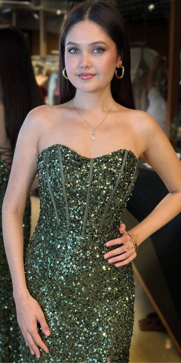 Olive Straplez Yaka Sırt Dekolteli Yırtmaçlı Düz Kesim Payet Uzun Abiye Elbise 11093 - 3