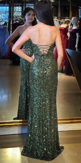 Olive Straplez Yaka Sırt Dekolteli Yırtmaçlı Düz Kesim Payet Uzun Abiye Elbise 11093 - 5