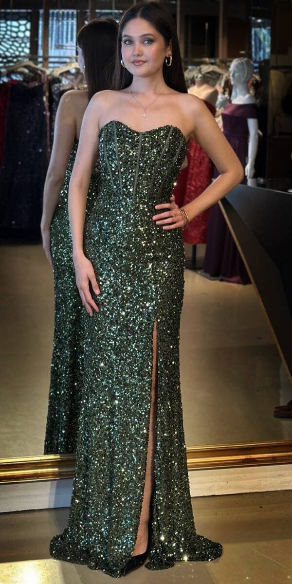 Olive Straplez Yaka Sırt Dekolteli Yırtmaçlı Düz Kesim Payet Uzun Abiye Elbise 11093 - 1