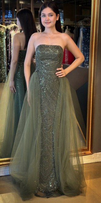 Olive Straplez Yaka Tül Pelerin Etekli Pullu Boncuklu Uzun Abiye Elbise 7705 - abiyeniall