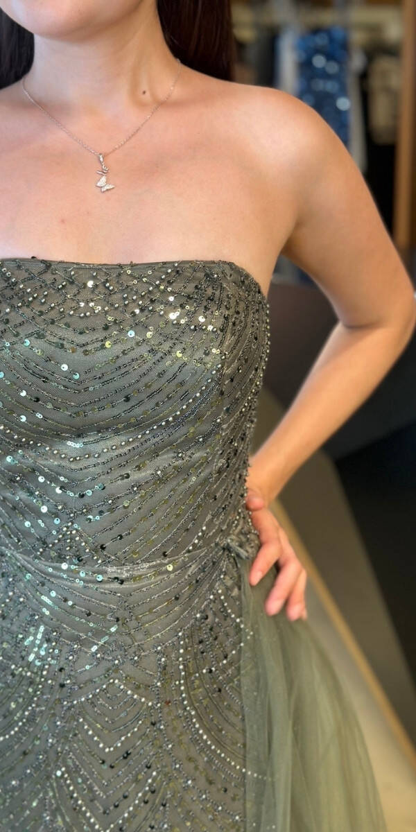 Olive Straplez Yaka Tül Pelerin Etekli Pullu Boncuklu Uzun Abiye Elbise 7705 - 4