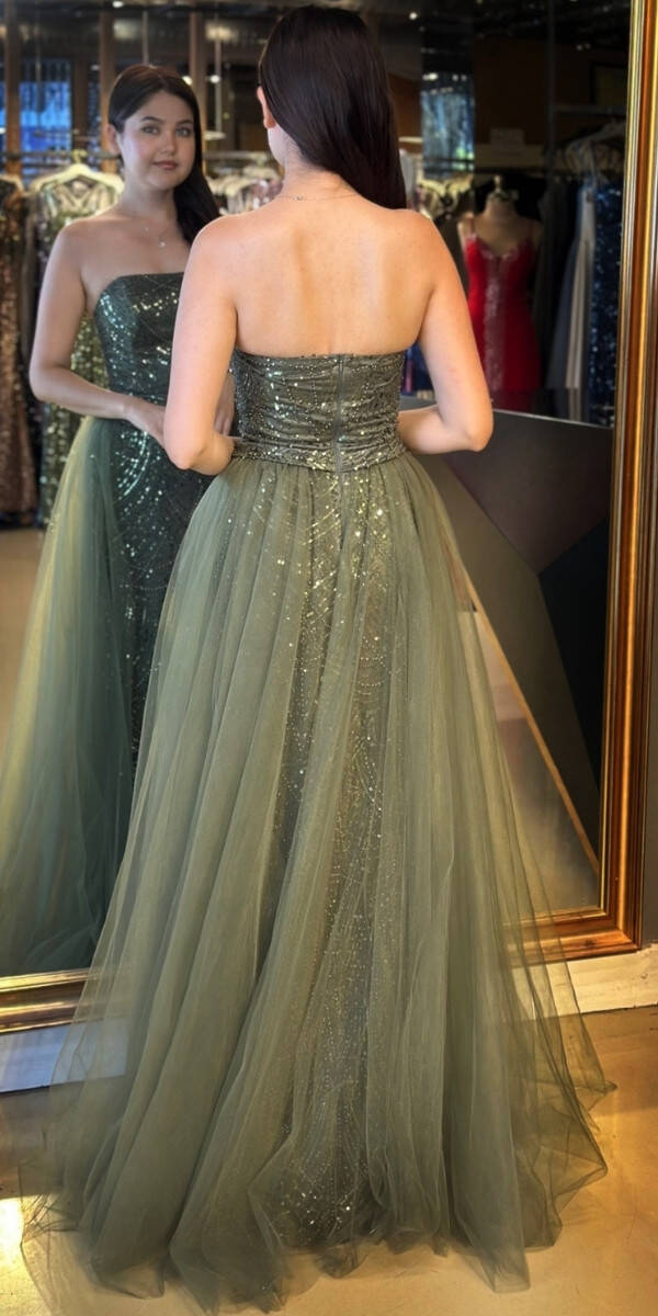 Olive Straplez Yaka Tül Pelerin Etekli Pullu Boncuklu Uzun Abiye Elbise 7705 - 5