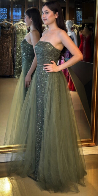 Olive Straplez Yaka Tül Pelerin Etekli Pullu Boncuklu Uzun Abiye Elbise 7705 - 2