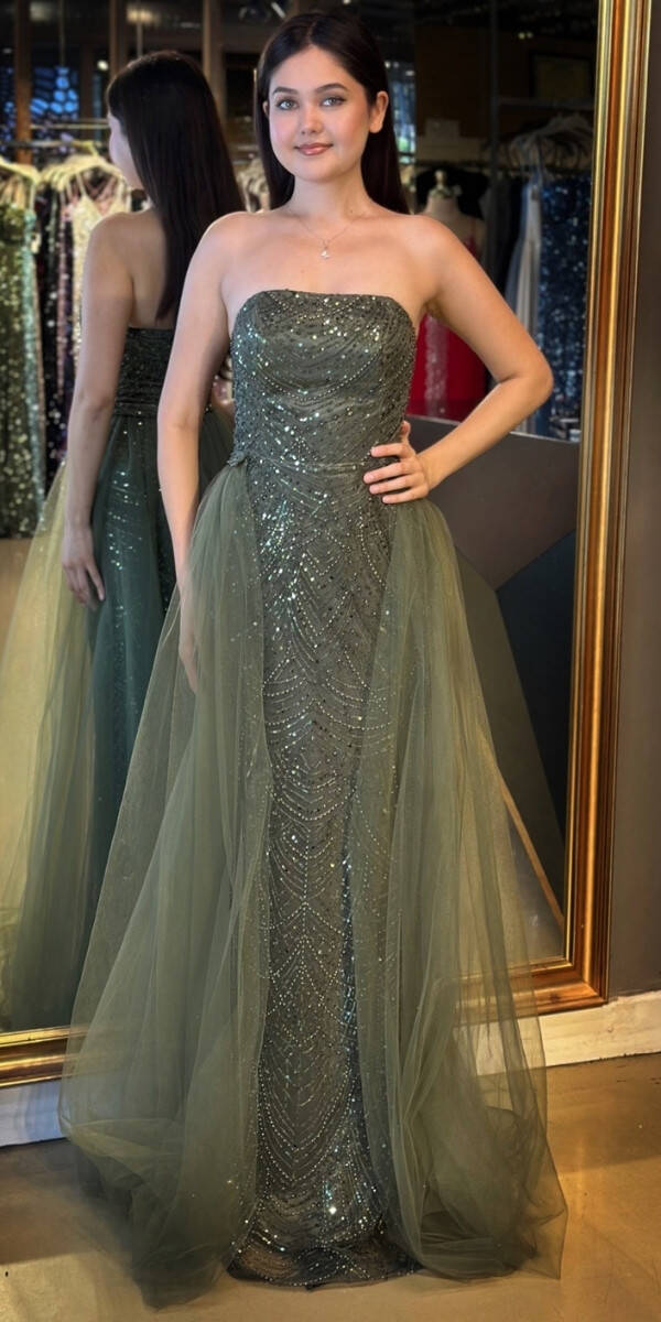 Olive Straplez Yaka Tül Pelerin Etekli Pullu Boncuklu Uzun Abiye Elbise 7705 - 1