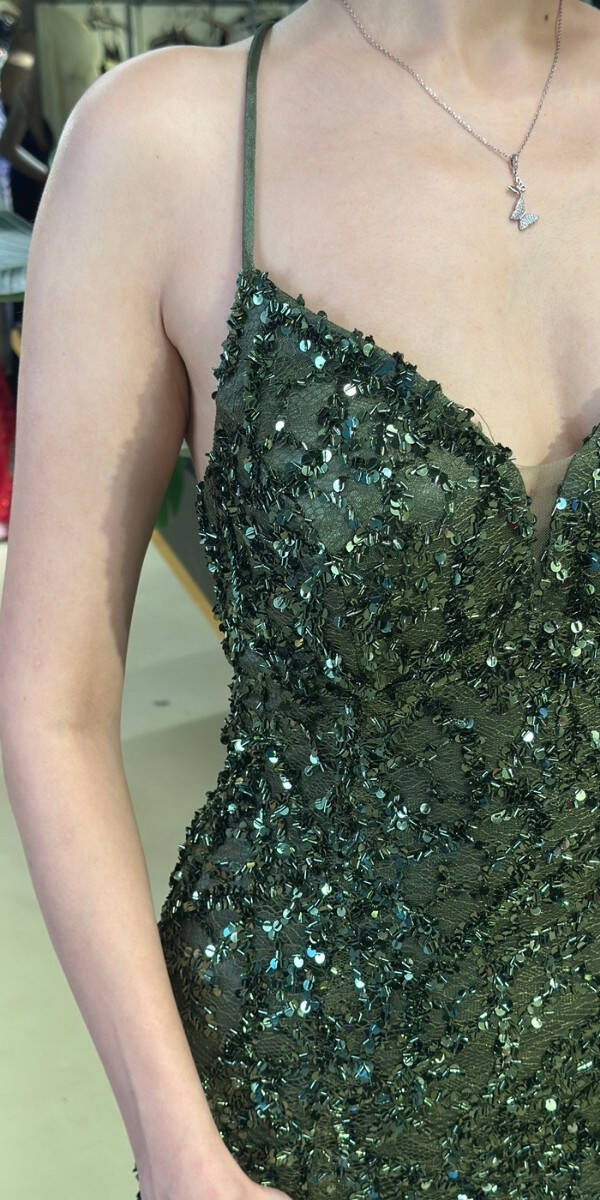 Olive V Yaka İp Askılı Sırt Dekolteli Balık Etekli Pul Payet Uzun Abiye Elbise 11112-04 - 4