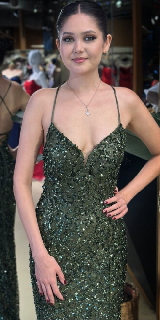 Olive V Yaka İp Askılı Sırt Dekolteli Balık Etekli Pul Payet Uzun Abiye Elbise 11112-04 - 3