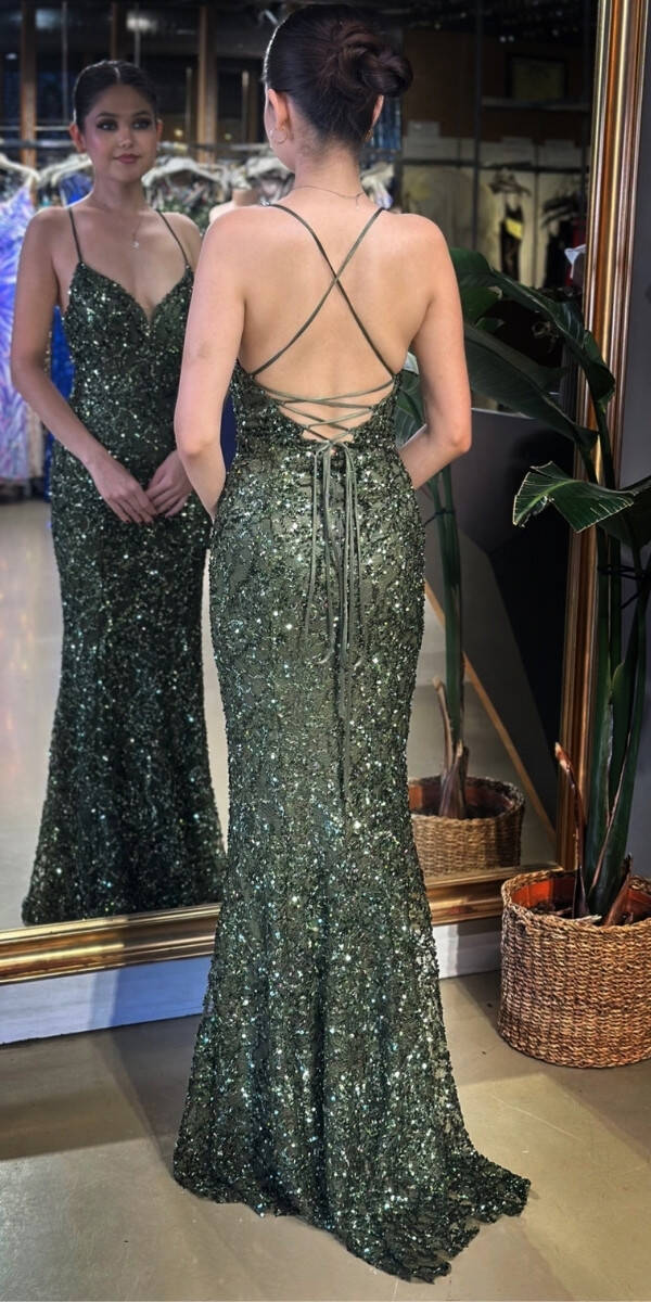 Olive V Yaka İp Askılı Sırt Dekolteli Balık Etekli Pul Payet Uzun Abiye Elbise 11112-04 - 5