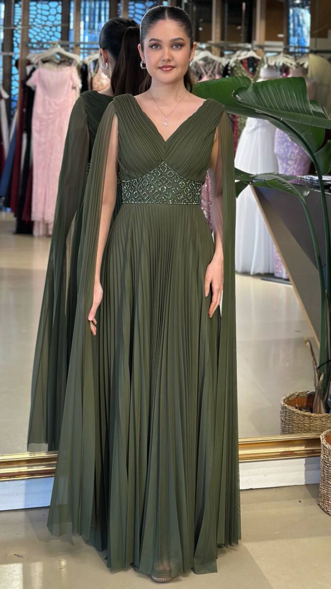Olive V Yaka Pelerin Kloş Etekli Şifon Uzun Abiye Elbise 11108-11 - 1