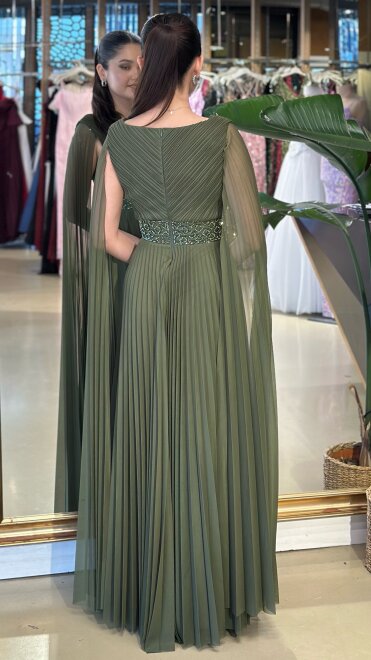 Olive V Yaka Pelerin Kloş Etekli Şifon Uzun Abiye Elbise 11108-11 - 5