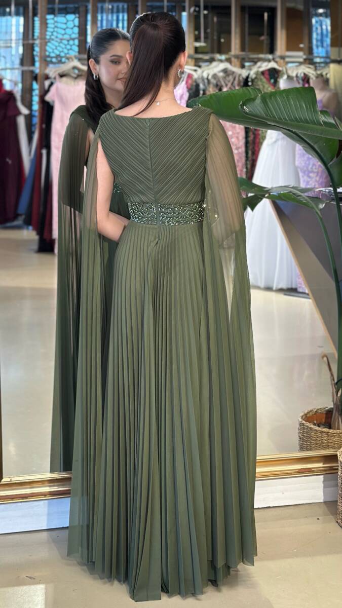 Olive V Yaka Pelerin Kloş Etekli Şifon Uzun Abiye Elbise 11108-11 - 5