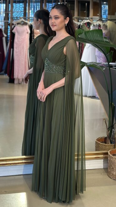 Olive V Yaka Pelerin Kloş Etekli Şifon Uzun Abiye Elbise 11108-11 - 2