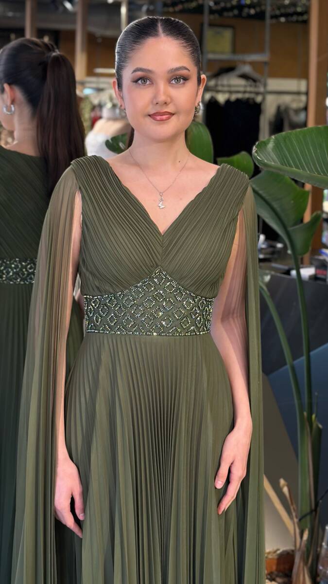 Olive V Yaka Pelerin Kloş Etekli Şifon Uzun Abiye Elbise 11108-11 - 3