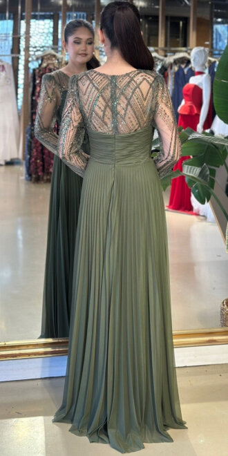 Olive V Yaka Uzun Kollu Çiçek Detaylı Kloş Etekli Şifon Uzun Abiye Elbise 11150-03 - 5