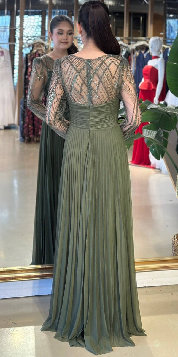 Olive V Yaka Uzun Kollu Çiçek Detaylı Kloş Etekli Şifon Uzun Abiye Elbise 11150-03 - 5