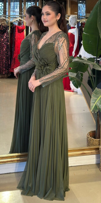 Olive V Yaka Uzun Kollu Çiçek Detaylı Kloş Etekli Şifon Uzun Abiye Elbise 11150-03 - 2