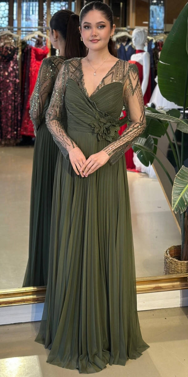 Olive V Yaka Uzun Kollu Çiçek Detaylı Kloş Etekli Şifon Uzun Abiye Elbise 11150-03 - 1