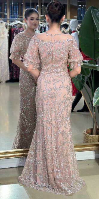 Pembe Balon Kollu Dantel Detaylı Düz Kesim Simli Uzun Abiye Elbise 7278 - 2