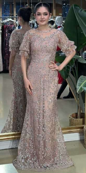 Pembe Balon Kollu Dantel Detaylı Düz Kesim Simli Uzun Abiye Elbise 7278 - abiyeniall